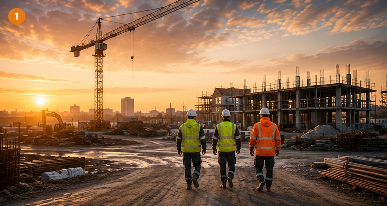 Construction workers arriving on site